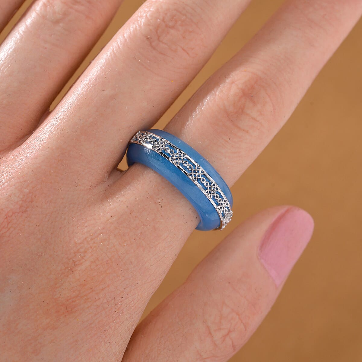Blue Jade (D) 26.65 ctw Ruyi Knot Band Ring in Platinum Over Sterling Silver (Size 8.0) image number 1