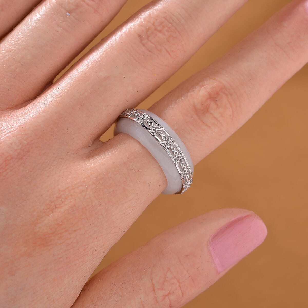 Natural Jade 27.50 ctw Ruyi Knot Band Ring in Platinum Over Sterling Silver (Size 7.0) image number 1