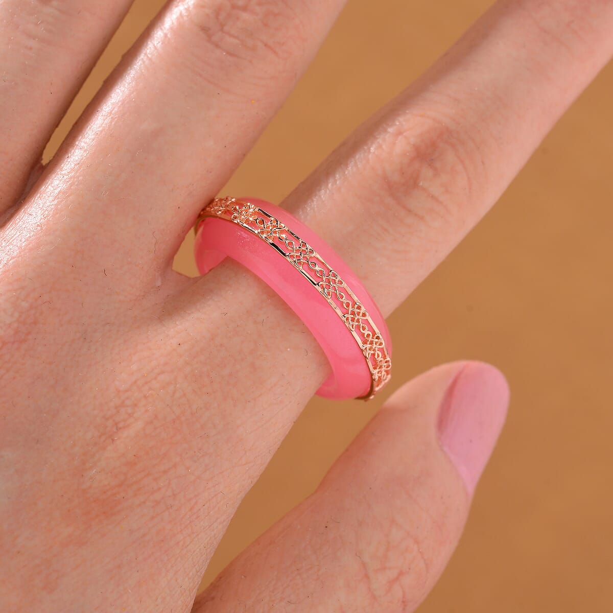 Pink Jade (D) 26.75 ctw Ruyi Knot Band Ring in 18K Vermeil Rose Gold Over Sterling Silver (Size 9.0) image number 1