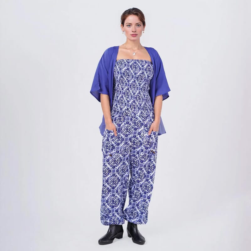 Tamsy Blue Tile Smocked Jumpsuit with Blue Kimono Set - One Size Fits Most
