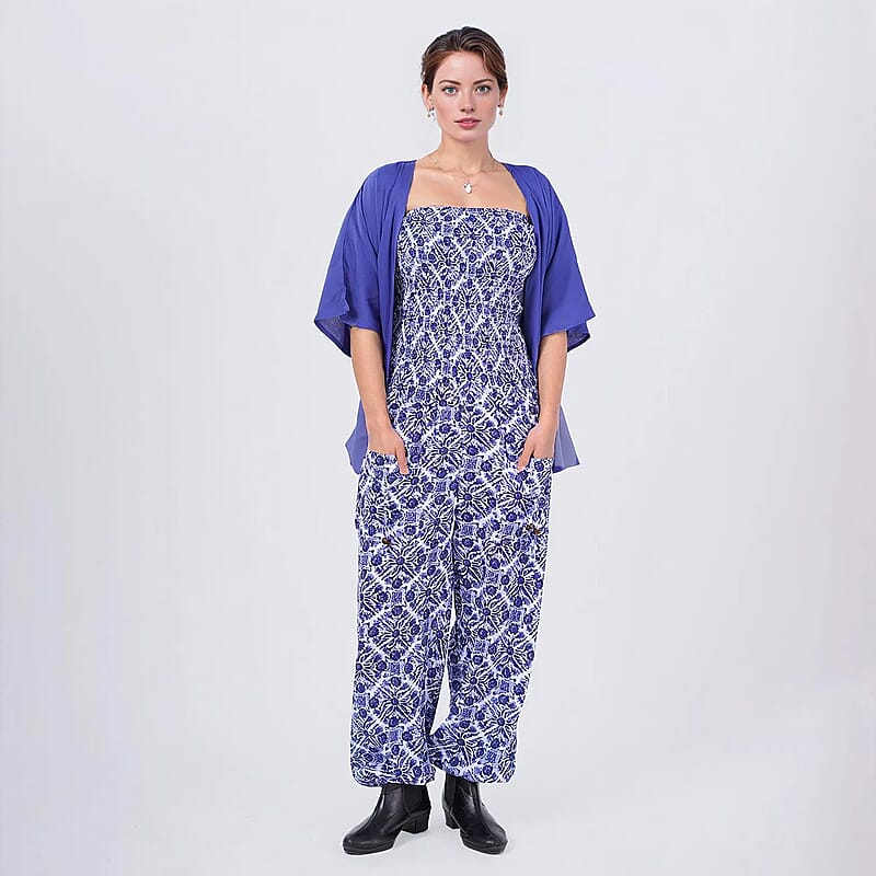 Tamsy Blue Tile Smocked Jumpsuit with Blue Kimono Set - One Size Fits Most