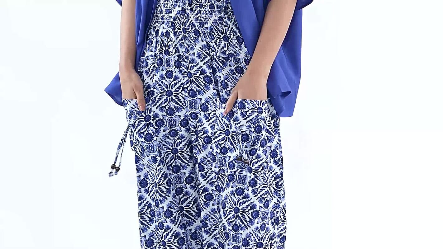 TAMSY Blue Tile Smocked Jumpsuit with Blue Kimono Set - One Size Fits Most