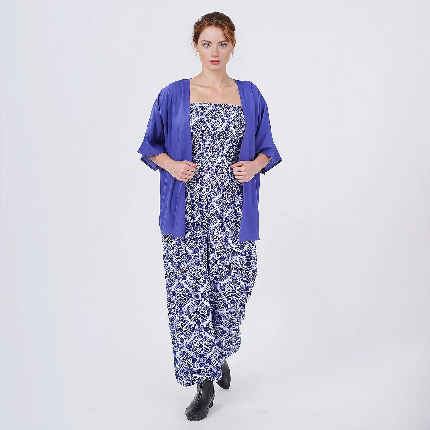 Tamsy Blue Tile Smocked Jumpsuit with Blue Kimono Set - One Size Fits Most
