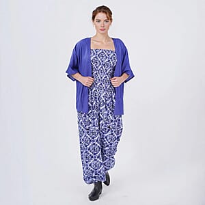 Tamsy Blue Tile Smocked Jumpsuit with Blue Kimono Set - One Size Fits Most