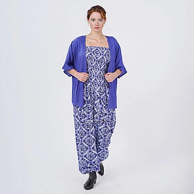 Tamsy Blue Tile Smocked Jumpsuit with Blue Kimono Set - One Size Fits Most