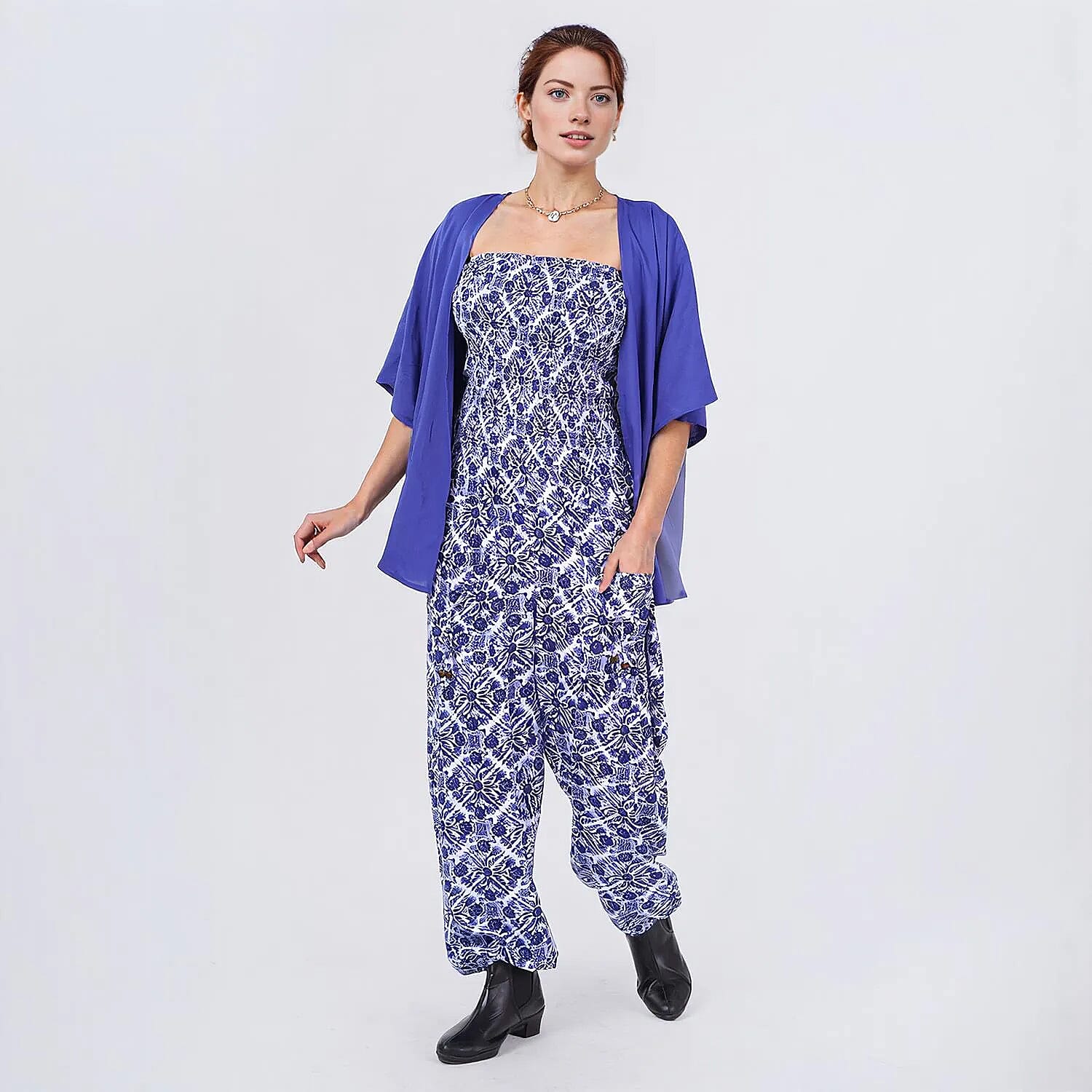 Tamsy Blue Tile Smocked Jumpsuit with Blue Kimono Set - One Size Fits Most