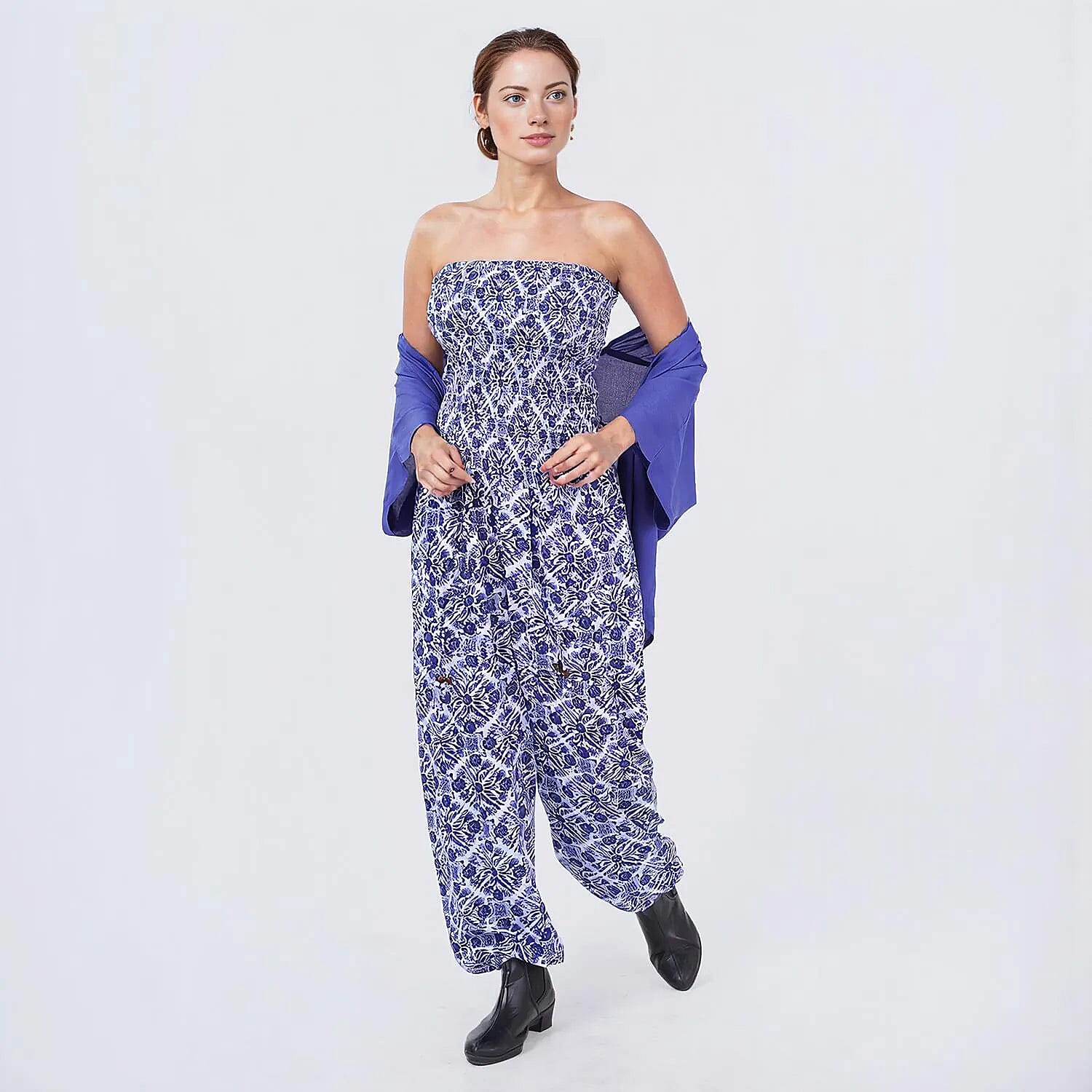 Tamsy Blue Tile Smocked Jumpsuit with Blue Kimono Set - One Size Fits Most