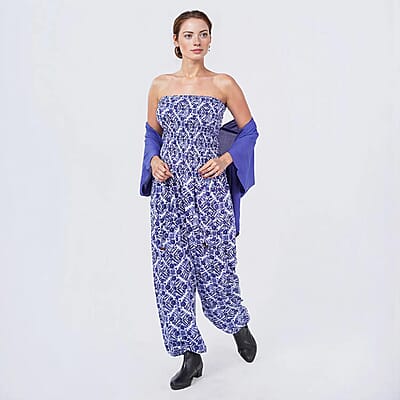 Tamsy Blue Tile Smocked Jumpsuit with Blue Kimono Set - One Size Fits Most