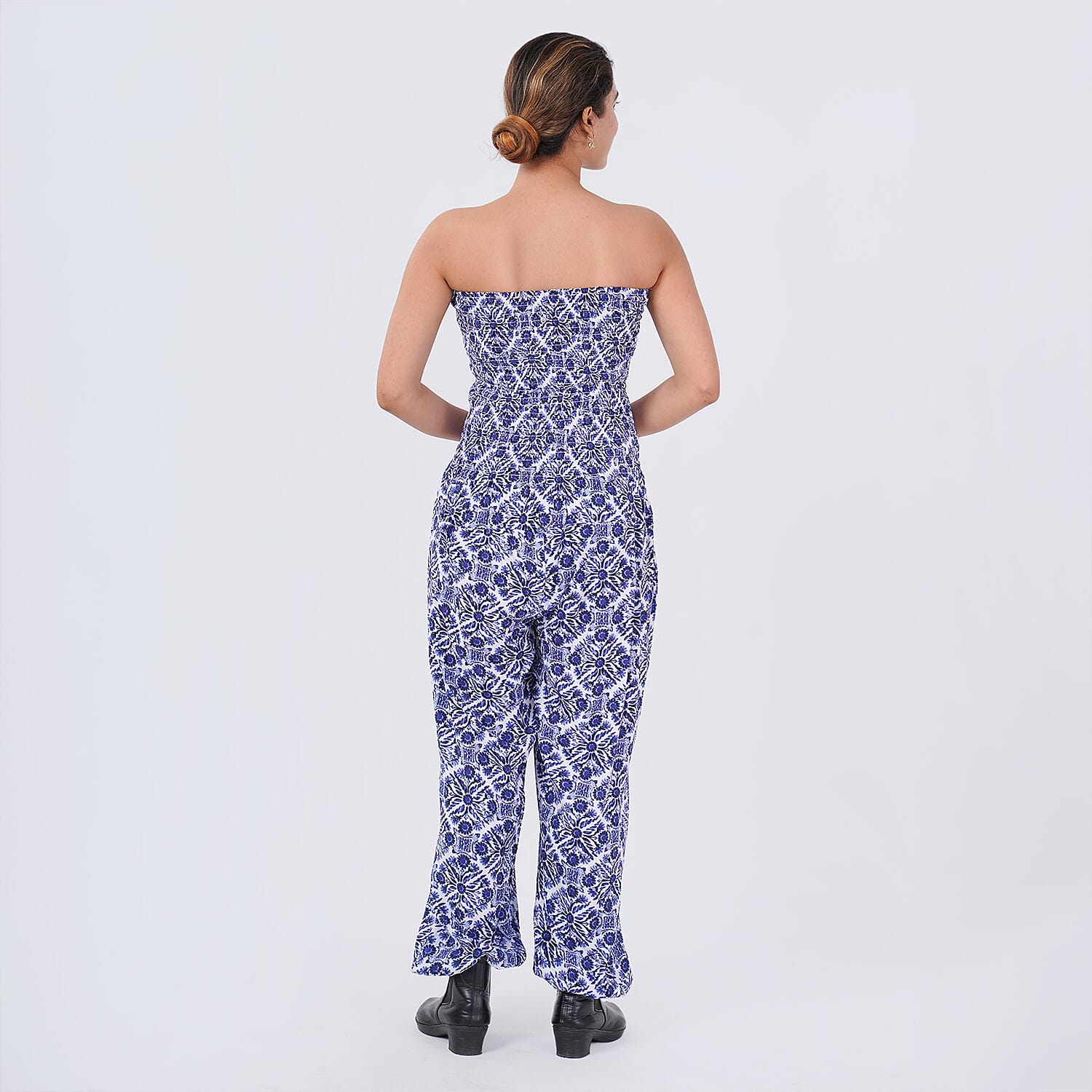 Tamsy Blue Tile Smocked Jumpsuit with Blue Kimono Set - One Size Fits Most