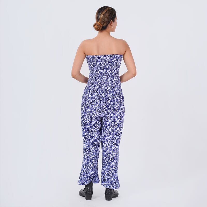 Tamsy Blue Tile Smocked Jumpsuit with Blue Kimono Set - One Size Fits Most