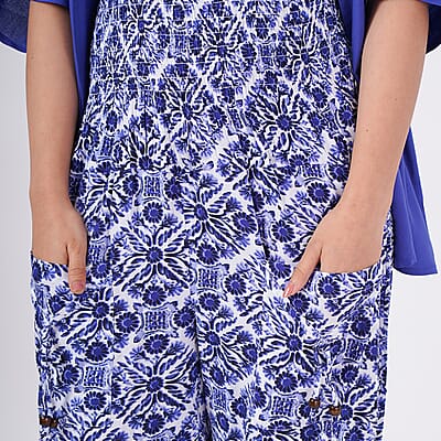 Tamsy Blue Tile Smocked Jumpsuit with Blue Kimono Set - One Size Fits Most