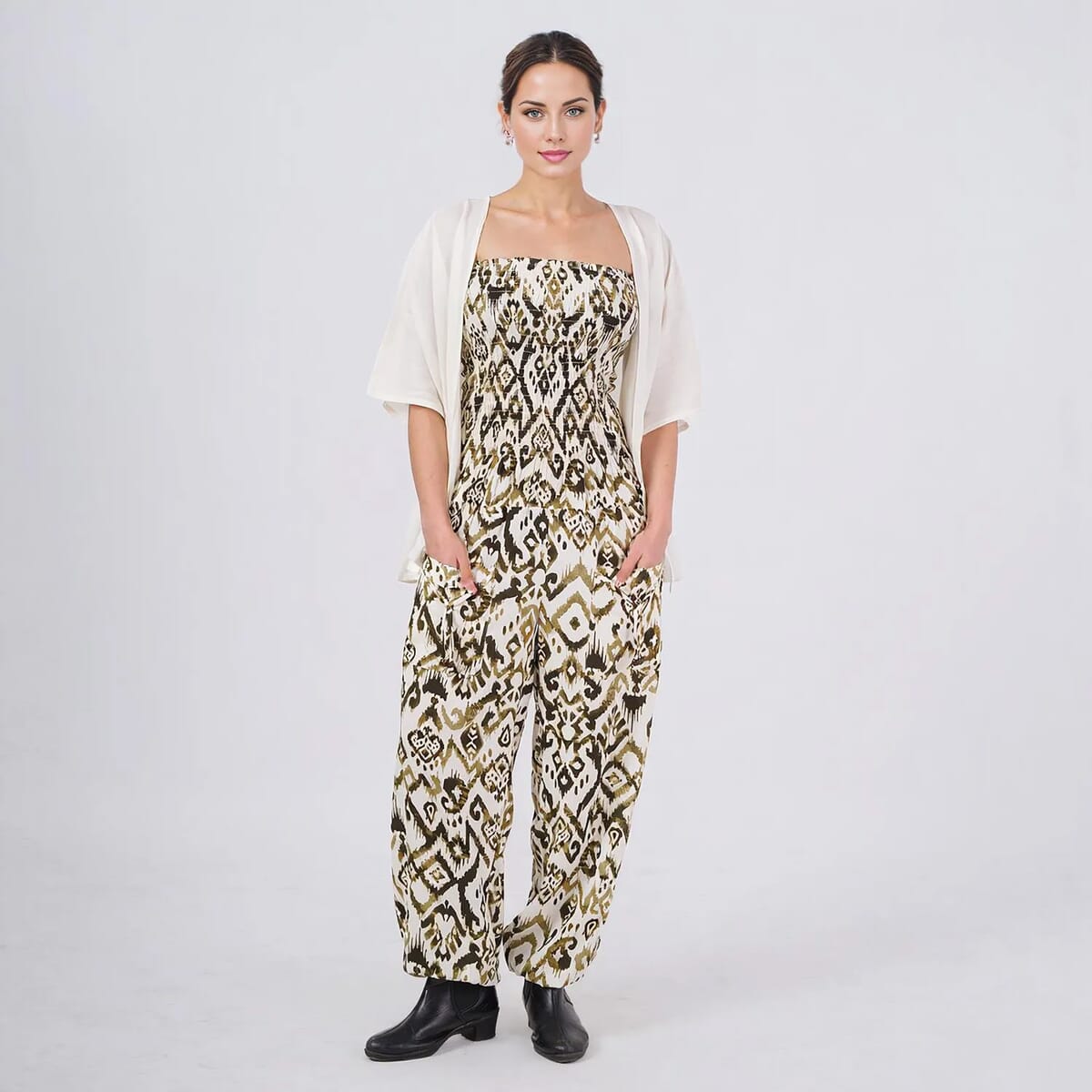 Tamsy Green Ikat Smocked Jumpsuit with White Kimono Set - One Size Fits Most image number 0