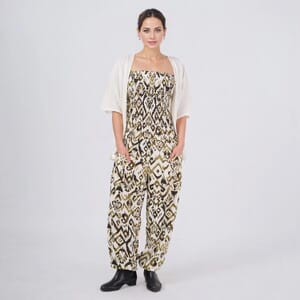 Tamsy Green Ikat Smocked Jumpsuit with White Kimono Set - One Size Fits Most