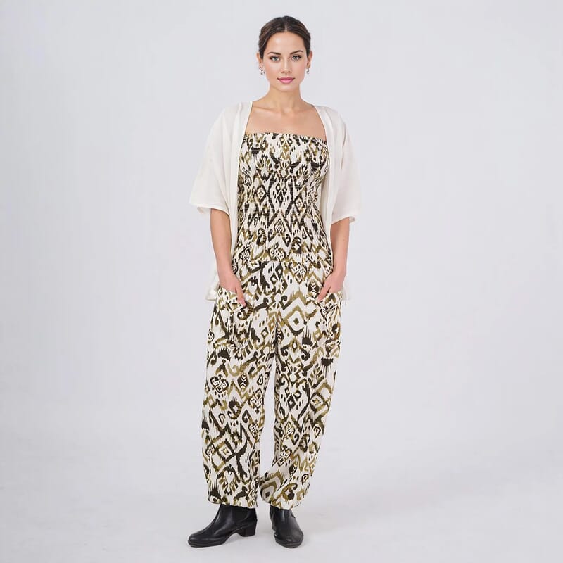 Tamsy Green Ikat Smocked Jumpsuit with White Kimono Set - One Size Fits Most