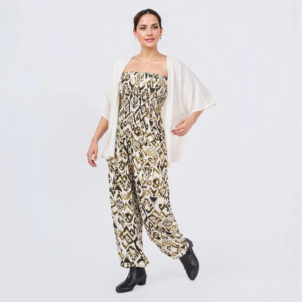 Tamsy Green Ikat Smocked Jumpsuit with White Kimono Set - One Size Fits Most image number 1