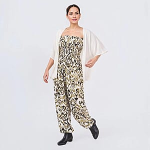 Tamsy Green Ikat Smocked Jumpsuit with White Kimono Set - One Size Fits Most