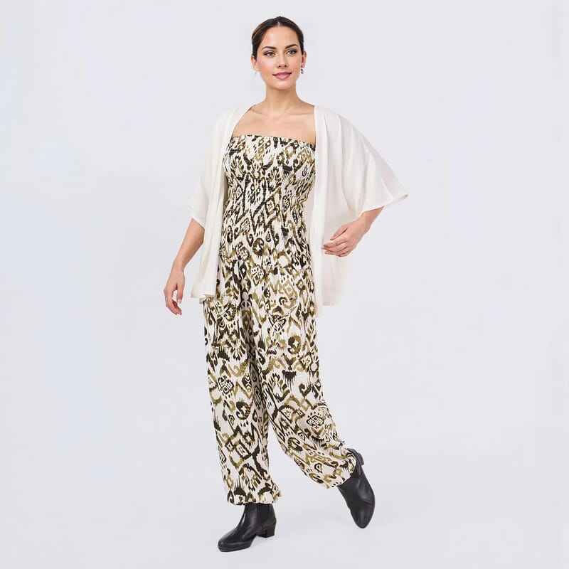 Tamsy Green Ikat Smocked Jumpsuit with White Kimono Set - One Size Fits Most