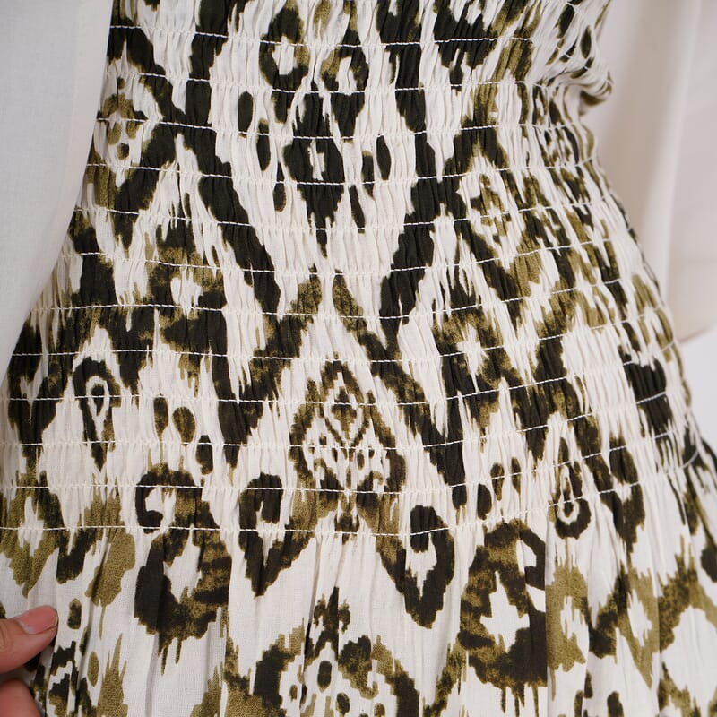 Tamsy Green Ikat Smocked Jumpsuit with White Kimono Set - One Size Fits Most