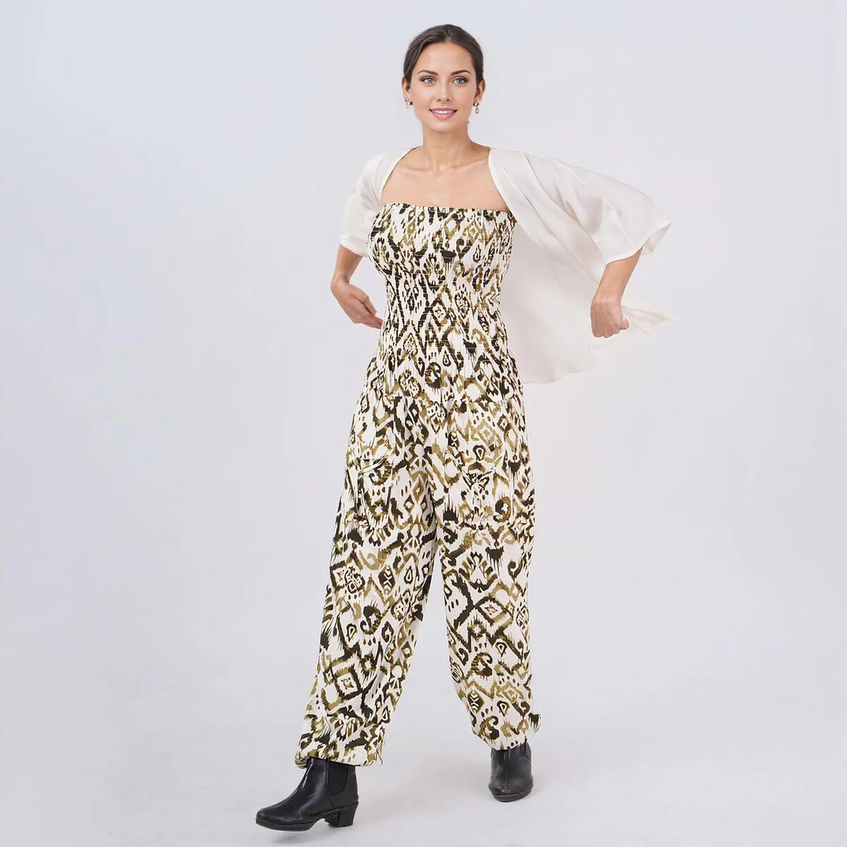 Tamsy Green Ikat Smocked Jumpsuit with White Kimono Set - One Size Fits Most image number 3