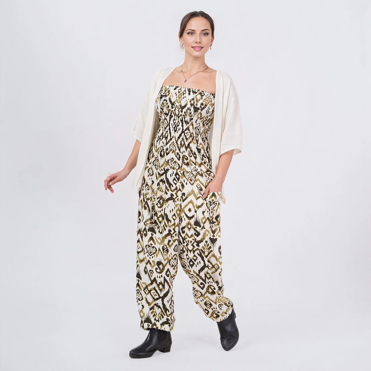 Tamsy Green Ikat Smocked Jumpsuit with White Kimono Set - One Size Fits Most image number 4