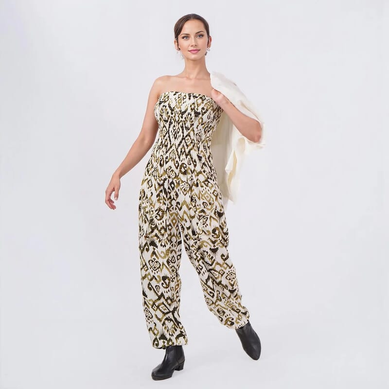 Tamsy Green Ikat Smocked Jumpsuit with White Kimono Set - One Size Fits Most