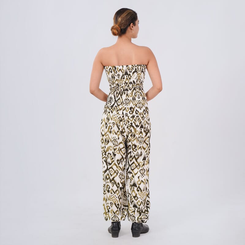 Tamsy Green Ikat Smocked Jumpsuit with White Kimono Set - One Size Fits Most