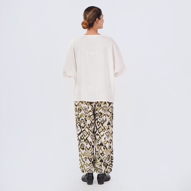 Tamsy Green Ikat Smocked Jumpsuit with White Kimono Set - One Size Fits Most