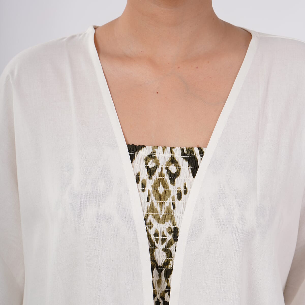 Tamsy Green Ikat Smocked Jumpsuit with White Kimono Set - One Size Fits Most image number 9