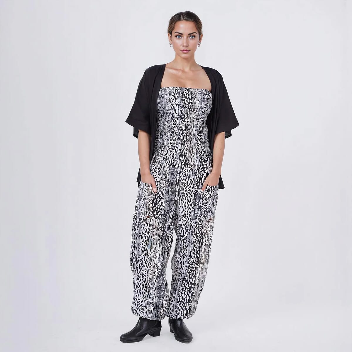 Tamsy Neutral Animal Smocked Jumpsuit with Black Kimono Set - One Size Fits Most image number 0