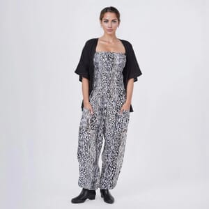Tamsy Neutral Animal Smocked Jumpsuit with Black Kimono Set - One Size Fits Most