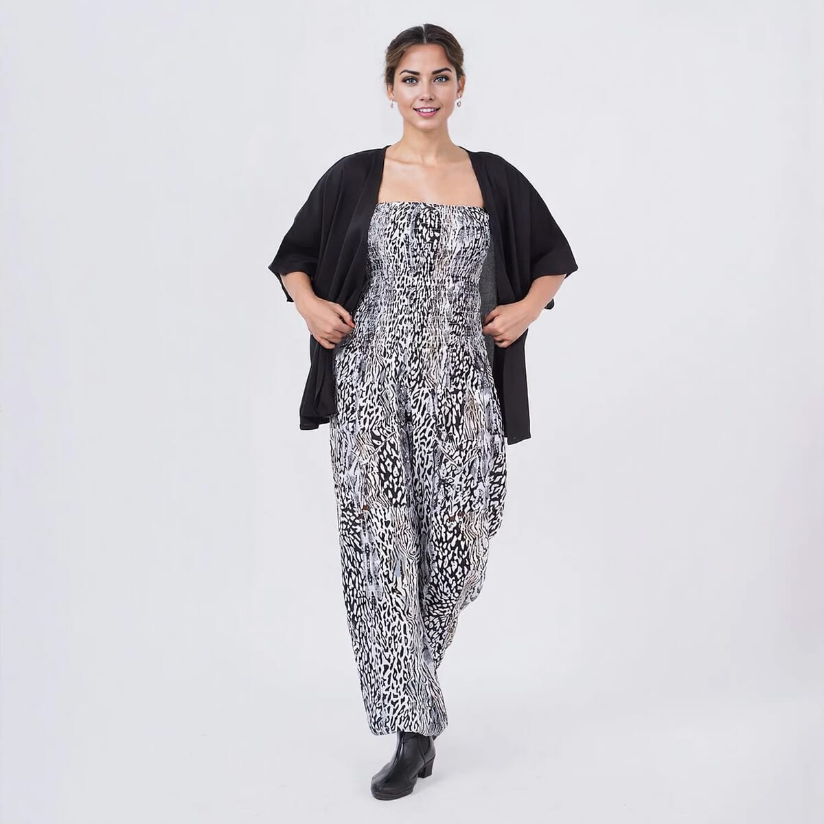 Tamsy Neutral Animal Smocked Jumpsuit with Black Kimono Set - One Size Fits Most image number 1