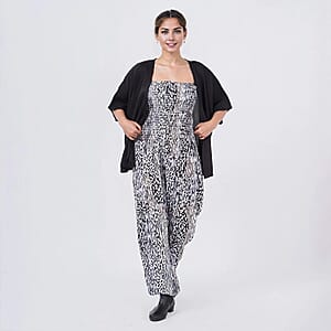 Tamsy Neutral Animal Smocked Jumpsuit with Black Kimono Set - One Size Fits Most