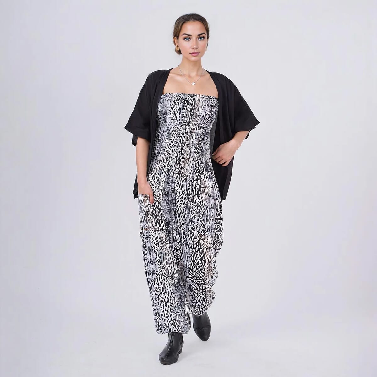 Tamsy Neutral Animal Smocked Jumpsuit with Black Kimono Set - One Size Fits Most image number 2