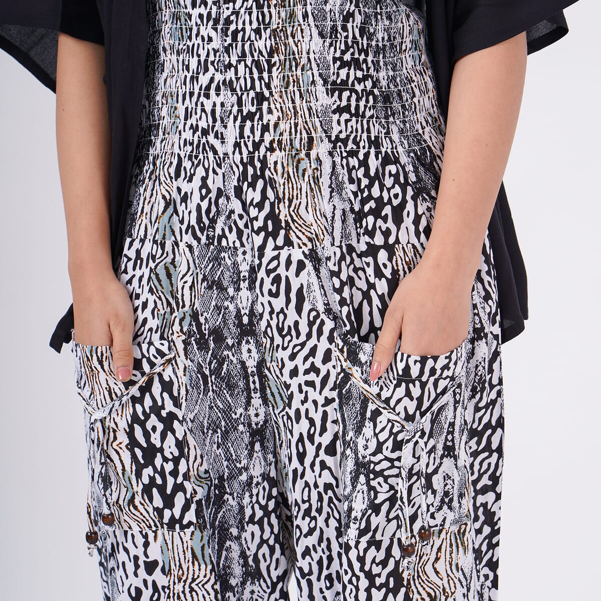 Tamsy Neutral Animal Smocked Jumpsuit with Black Kimono Set - One Size Fits Most image number 7