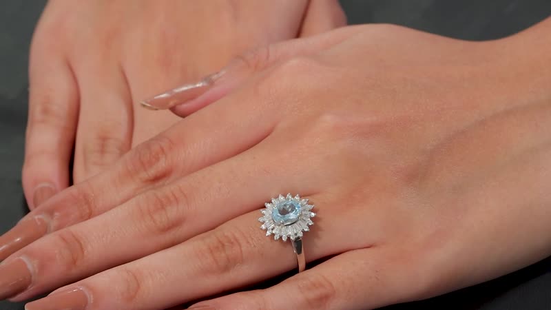 Santa Maria Aquamarine, Moissanite Floral Ring in Rhodium Over Sterling Silver (Size 7.0) 1.75 Carat Total Weight