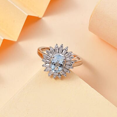 D'Joy Santa Maria Aquamarine and Moissanite 1.75 ctw Floral Ring in Rhodium Over Sterling Silver (Size 10.0) (Del. In 10-12 Days)