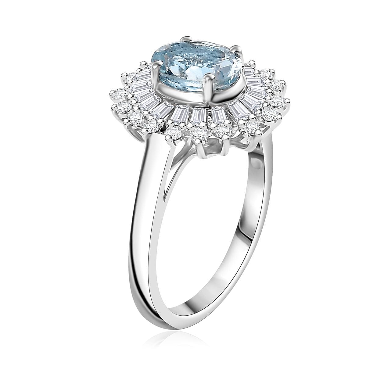 D'Joy Santa Maria Aquamarine and Moissanite 1.75 ctw Floral Ring in Rhodium Over Sterling Silver (Size 10.0) (Del. In 10-12 Days)