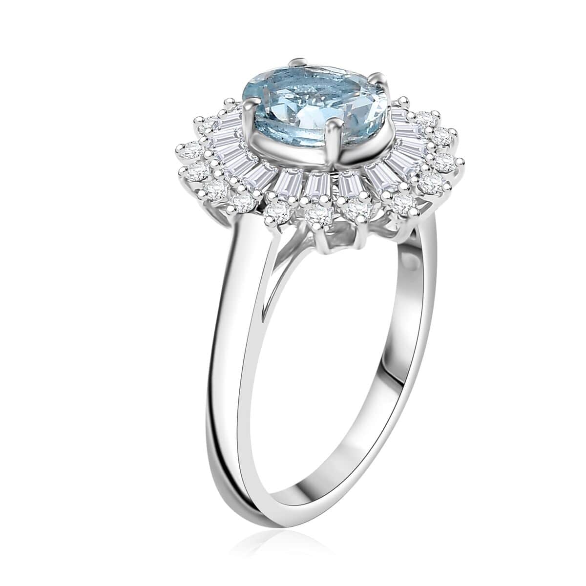 Santa Maria Aquamarine and Moissanite 1.75 ctw Floral Ring in Rhodium Over Sterling Silver (Size 10.0) (Del. In 10-12 Days) image number 3