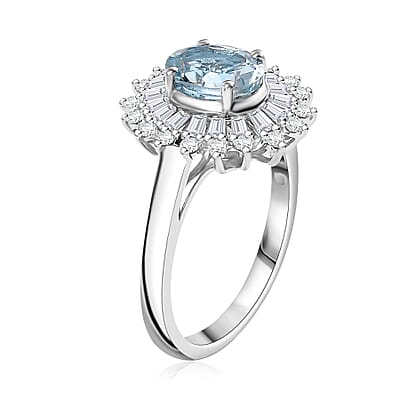 D'Joy Santa Maria Aquamarine and Moissanite 1.75 ctw Floral Ring in Rhodium Over Sterling Silver (Size 10.0) (Del. In 10-12 Days)