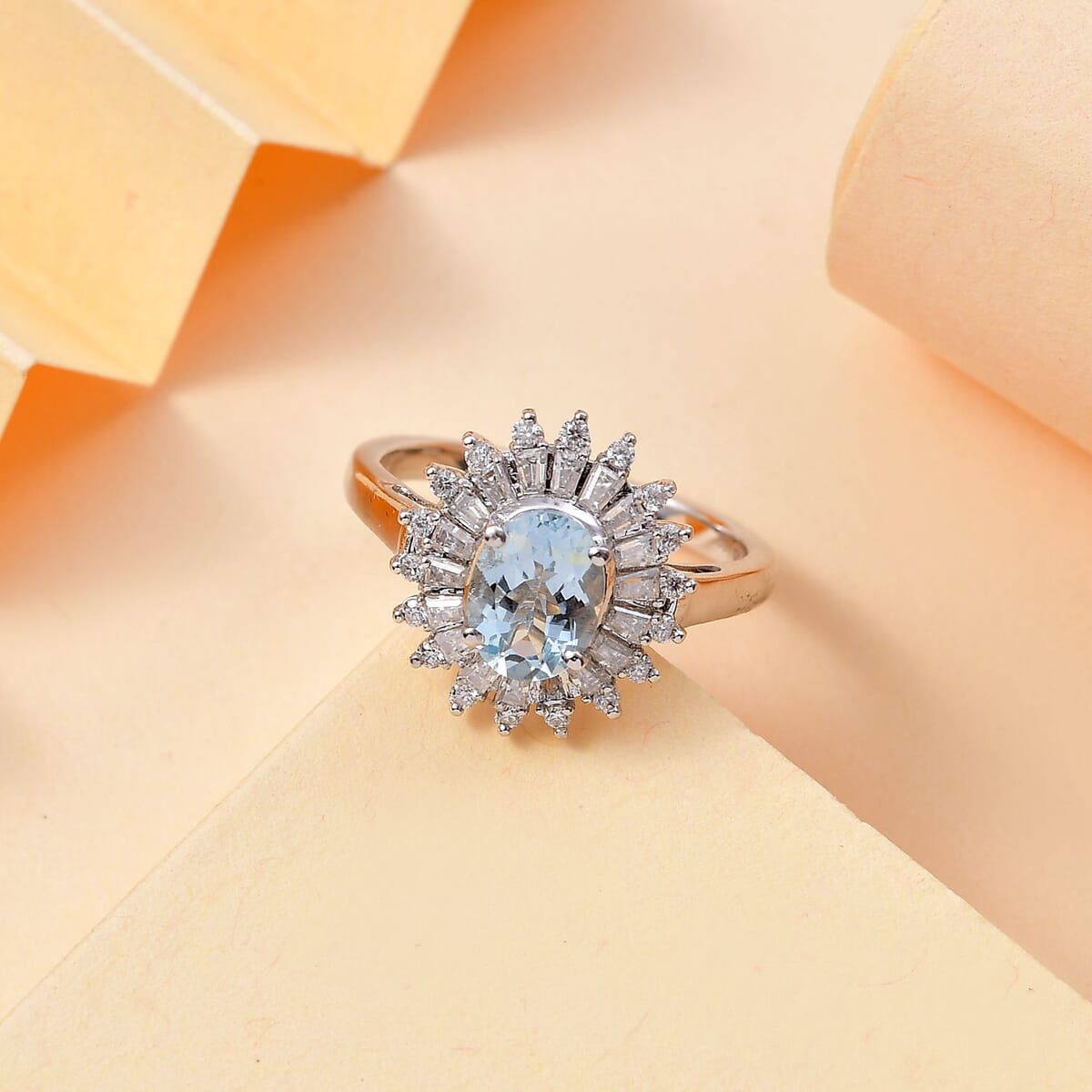 Santa Maria Aquamarine and Moissanite 1.75 ctw Floral Ring in Rhodium Over Sterling Silver (Size 9.0) (Del. In 10-12 Days) image number 1