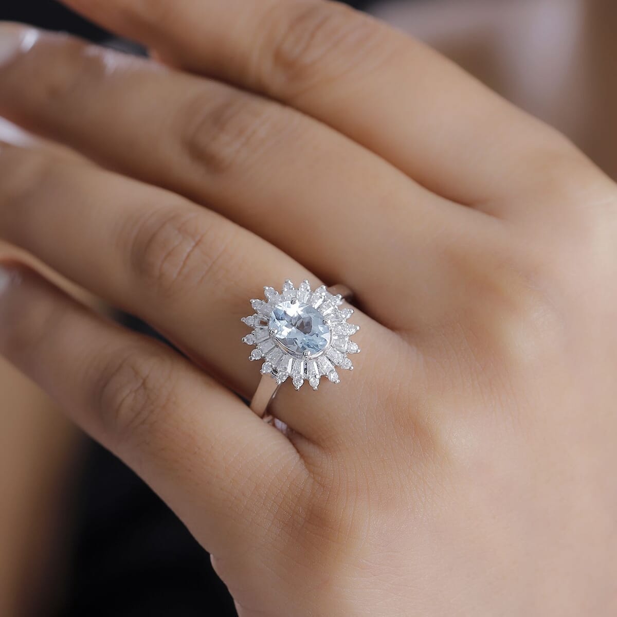 Santa Maria Aquamarine and Moissanite 1.75 ctw Floral Ring in Rhodium Over Sterling Silver (Size 9.0) (Del. In 10-12 Days) image number 2