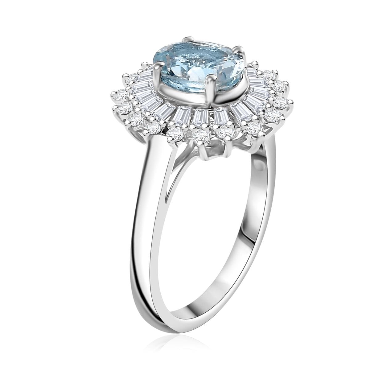Santa Maria Aquamarine and Moissanite 1.75 ctw Floral Ring in Rhodium Over Sterling Silver (Size 9.0) (Del. In 10-12 Days) image number 3