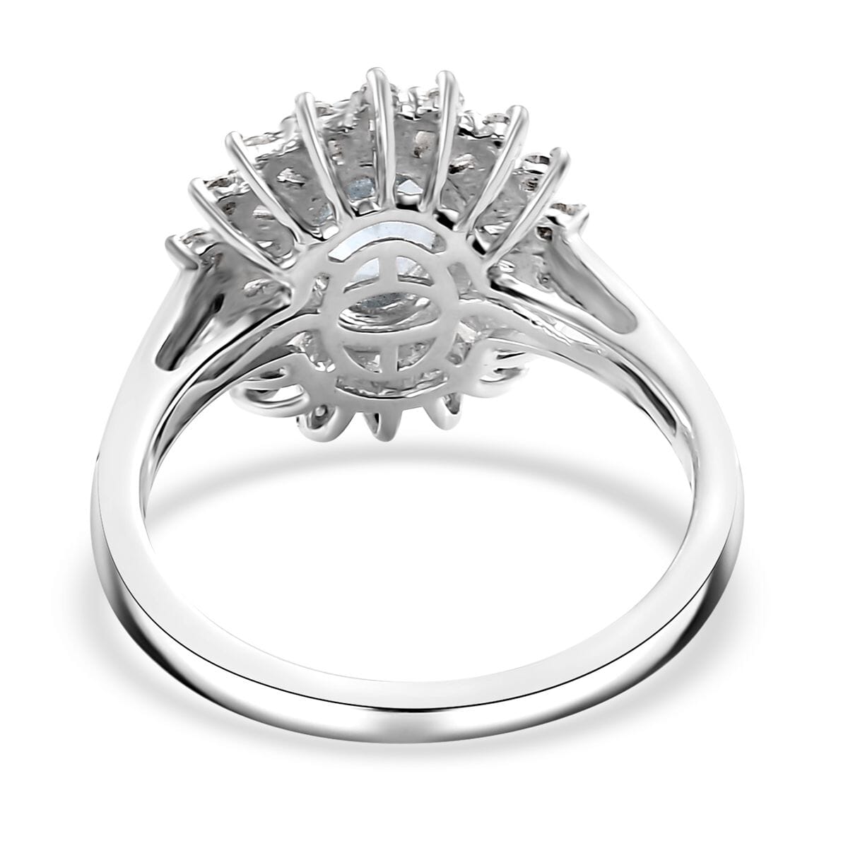 Santa Maria Aquamarine and Moissanite 1.75 ctw Floral Ring in Rhodium Over Sterling Silver (Size 9.0) (Del. In 10-12 Days) image number 4