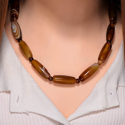 Agate 350.00 ctw Barrel and Beaded Necklace in Stainless Steel 18-20 Inches