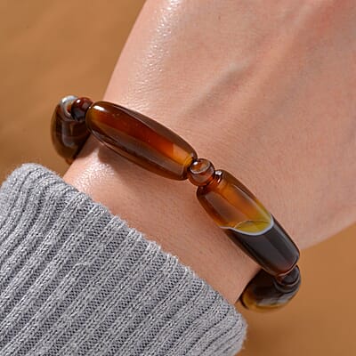 Agate 180.00 ctw Barrel and Beaded Stretch Bracelet (6.50-7.0In)