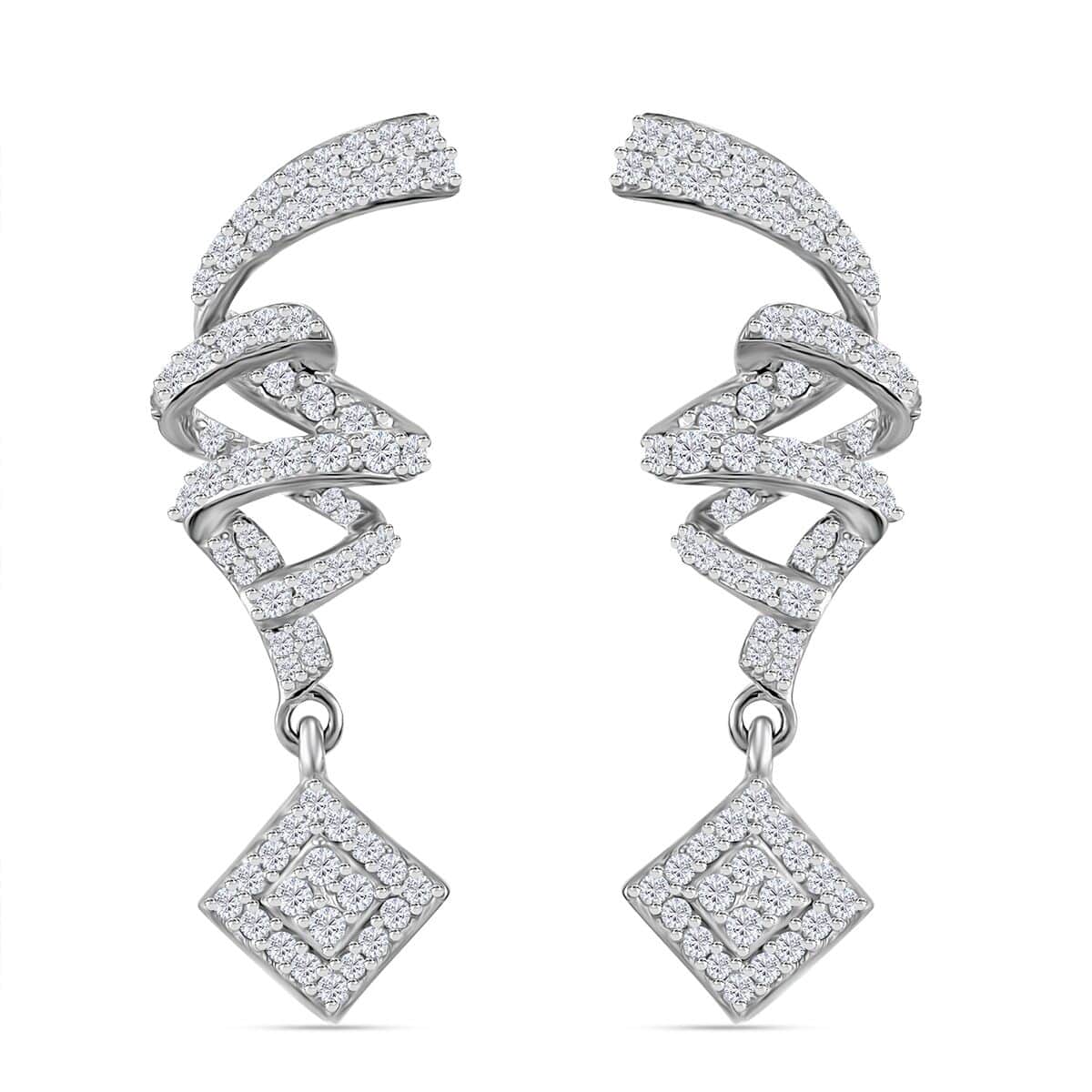 Diamond 1.00 ctw Spiral Drop Earrings in Rhodium Over Sterling Silver image number 0