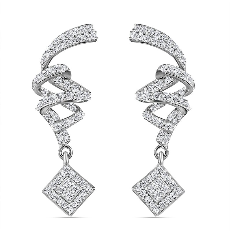 D'Joy Diamond 1.00 ctw Spiral Drop Earrings in Rhodium Over Sterling Silver