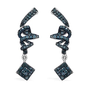 Blue Diamond 1.00 ctw Spiral Drop Earrings in Rhodium Over Sterling Silver 