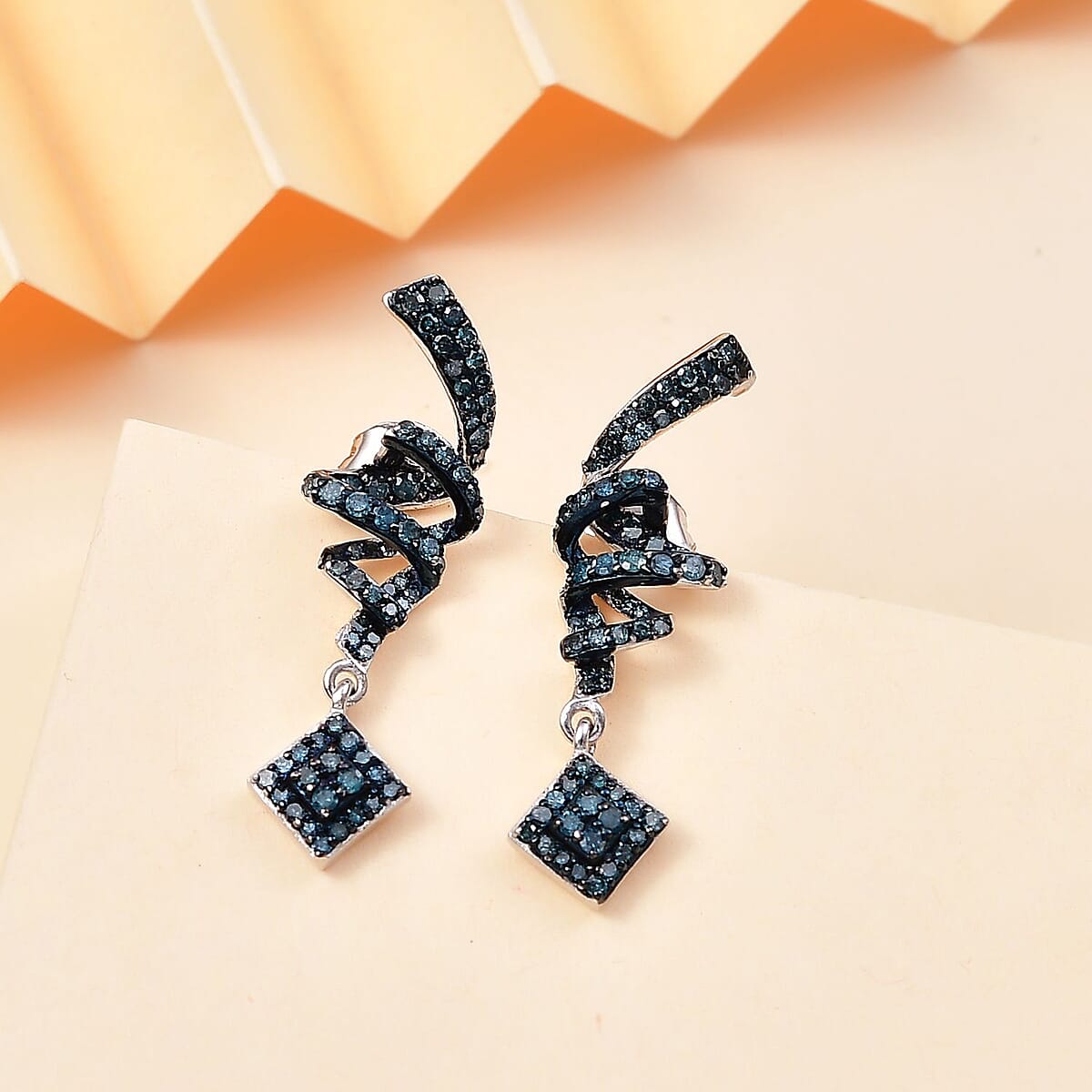Blue Diamond 1.00 ctw Spiral Drop Earrings in Rhodium Over Sterling Silver  image number 1