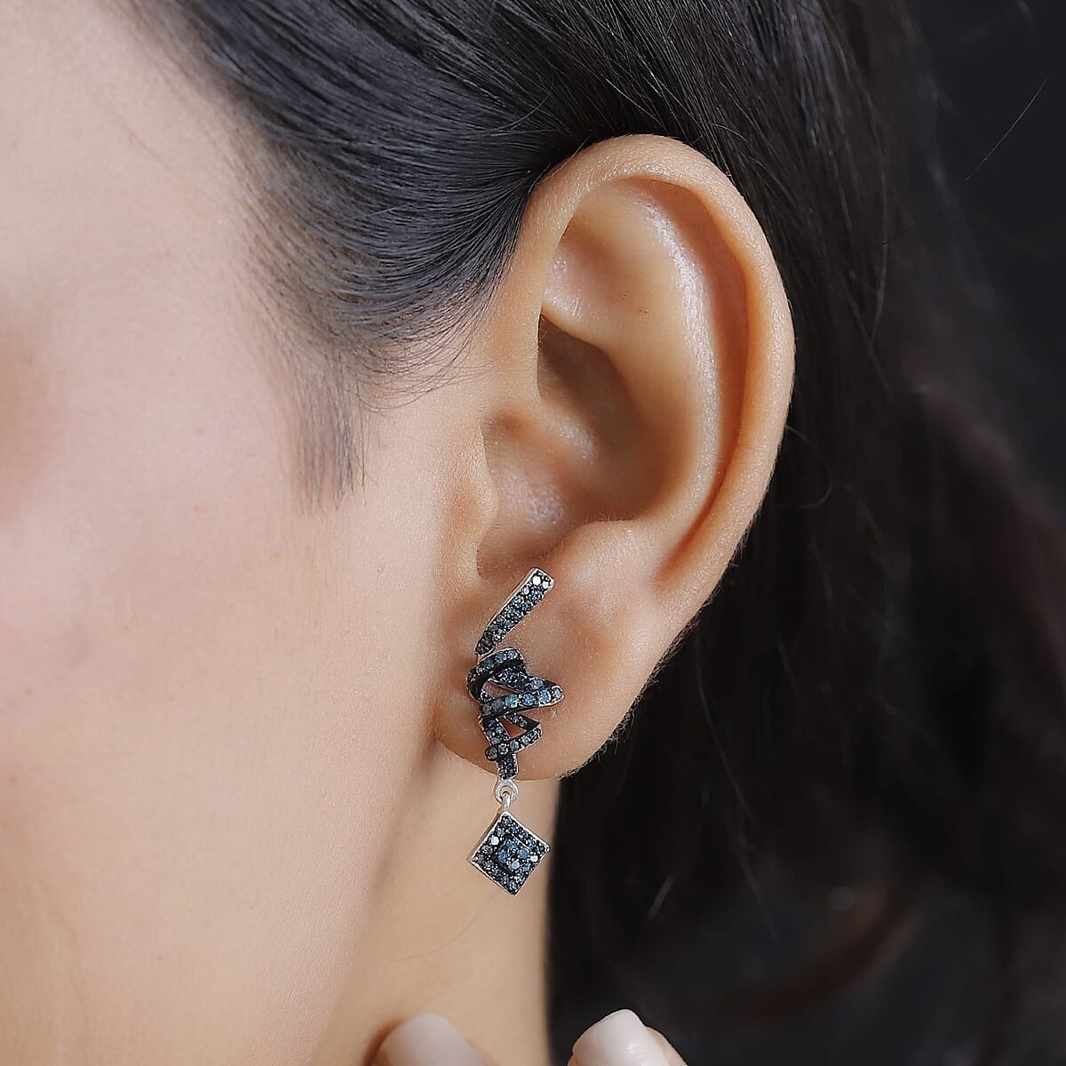 Blue Diamond 1.00 ctw Spiral Drop Earrings in Rhodium Over Sterling Silver  image number 2